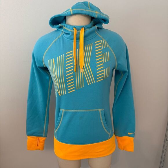 Nike Therma-Fit Turquoise & Yellow Logo Cowl Neck Hoodie w Thumbholes Size Small - Picture 2 of 9